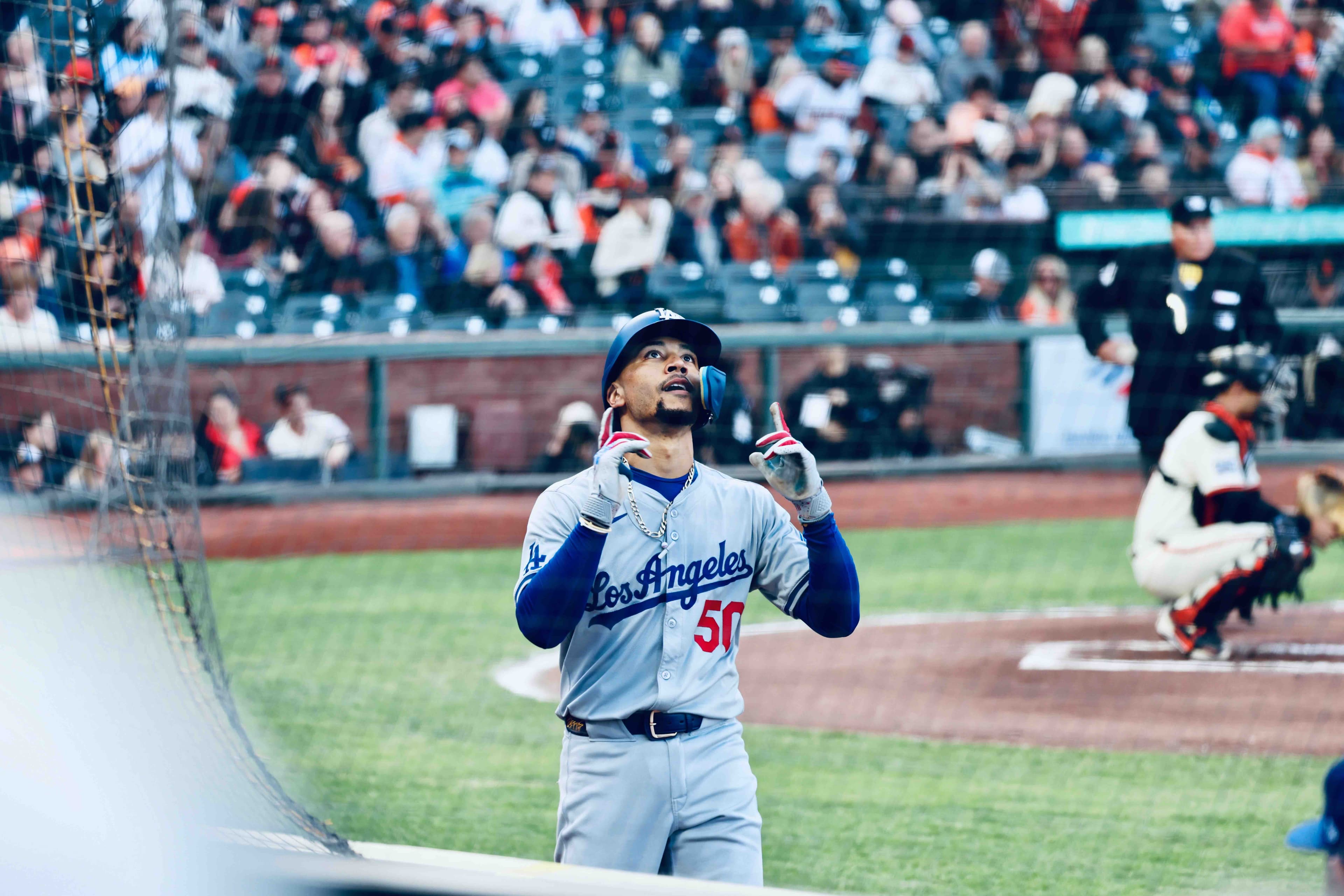 Mookie Betts (#50) looking up at Oracle Park